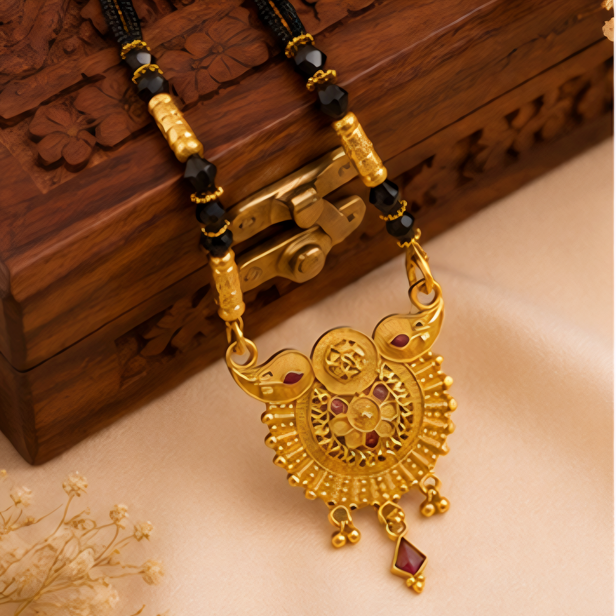 Traditional Gold-Plated Designer Mangalsutra with Black Beads & Red Stone Accents