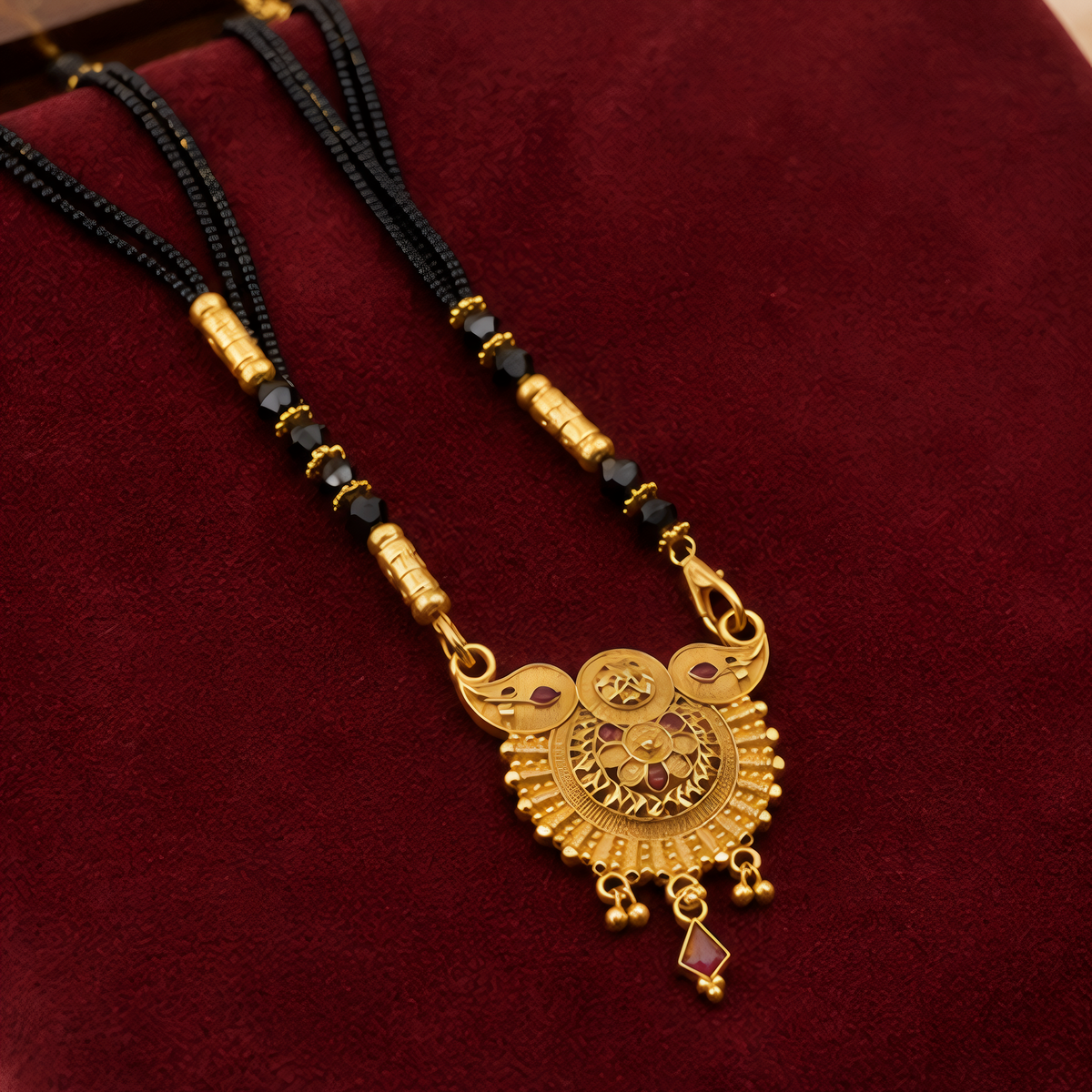 Traditional Gold-Plated Designer Mangalsutra with Black Beads & Red Stone Accents