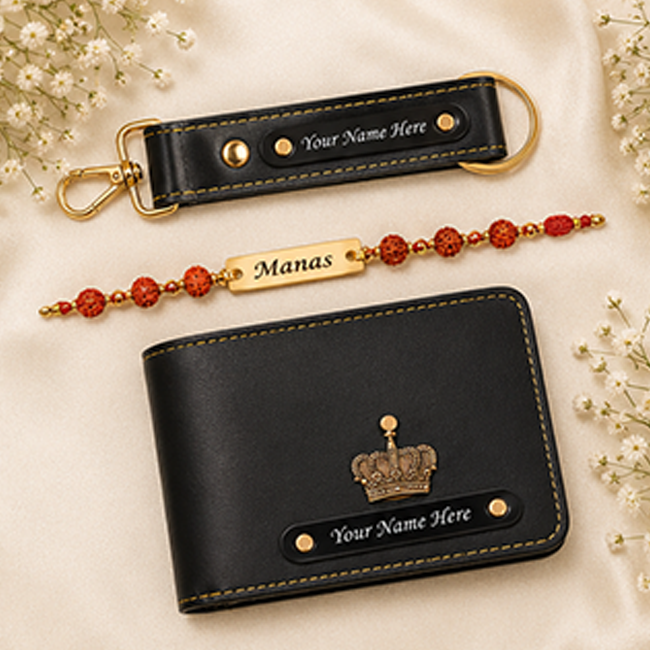 3 in 1 Customized Wallet Keychain & Rudraksh Rakhi Combo | Black Gift Set