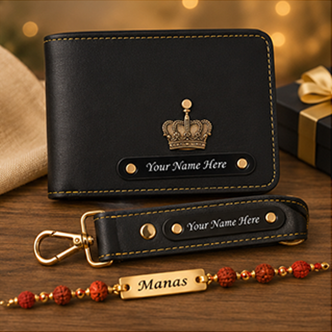 3 in 1 Customized Wallet Keychain & Rudraksh Rakhi Combo | Black Gift Set