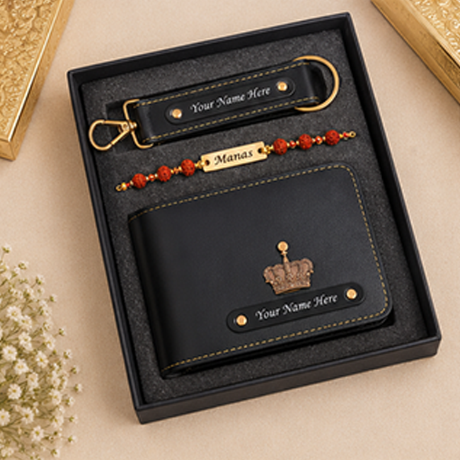 3 in 1 Customized Wallet Keychain & Rudraksh Rakhi Combo | Black Gift Set