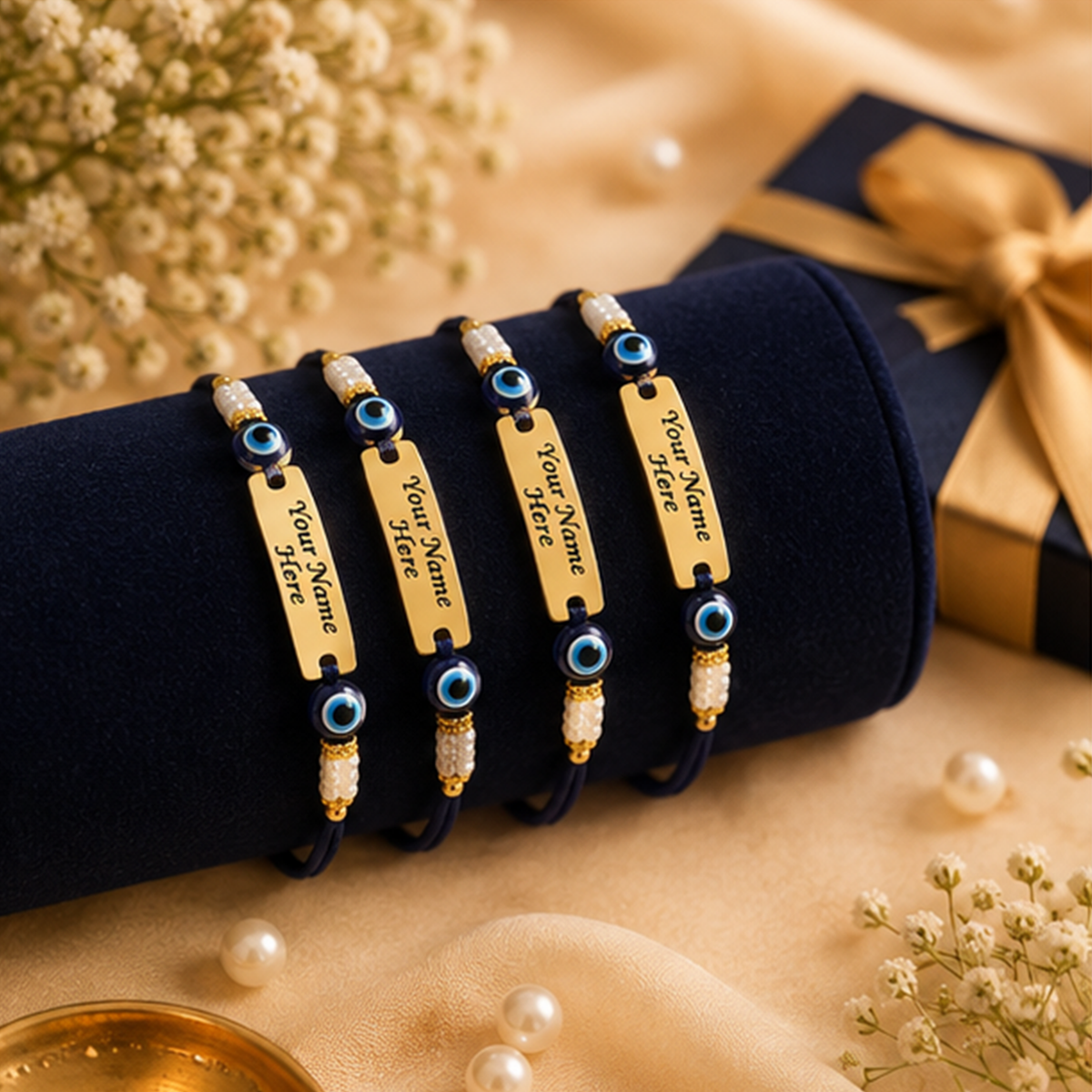 Pack of 4 Customized Evil Eye Name Rakhi for Brother | Brass Metal Combo