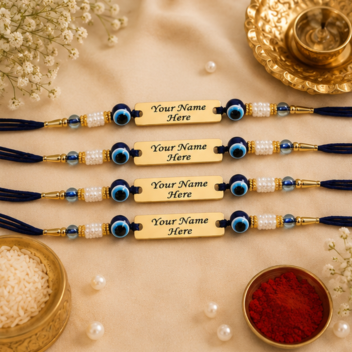 Pack of 4 Customized Evil Eye Name Rakhi for Brother | Brass Metal Combo