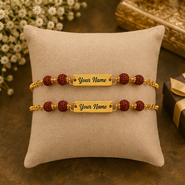 Pack of 2 Customized Rudraksha Name Rakhi for Brother | Gold Chain Bracelet