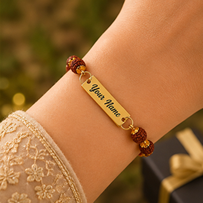Pack of 2 Customized Rudraksha Name Rakhi for Brother | Gold Chain Bracelet
