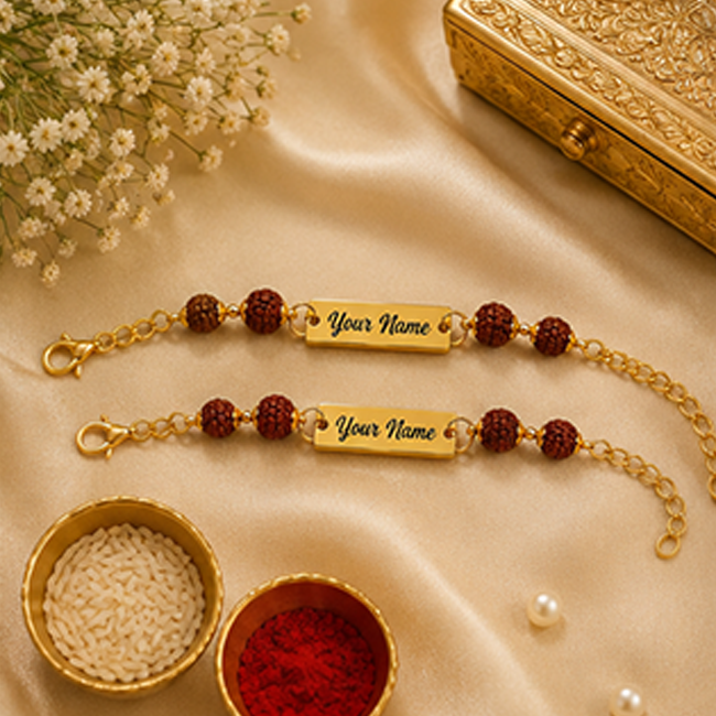 Pack of 2 Customized Rudraksha Name Rakhi for Brother | Gold Chain Bracelet