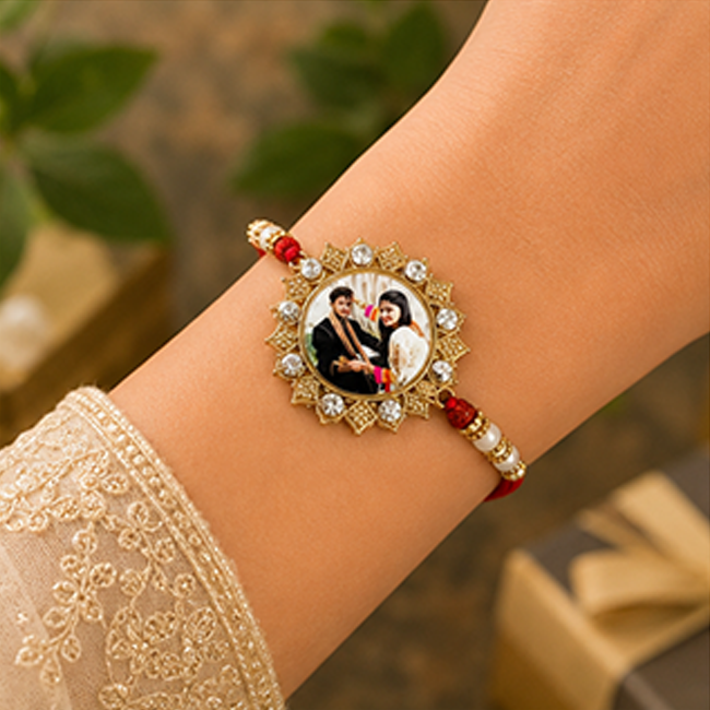 Pack of 1 Customized Photo Printed Rakhi for Brother | Gold Stone Frame