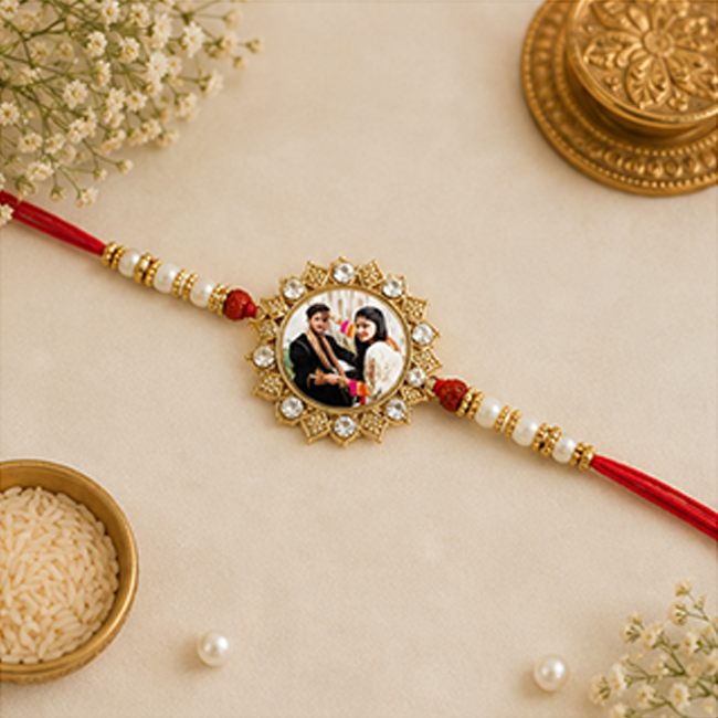 Pack of 1 Customized Photo Printed Rakhi for Brother | Gold Stone Frame