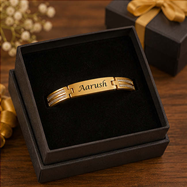 Pack of 1 Customized Gold Name Kada Rakhi for Brother | Metal Bracelet