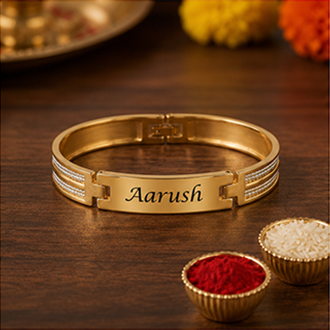 Pack of 1 Customized Gold Name Kada Rakhi for Brother | Metal Bracelet
