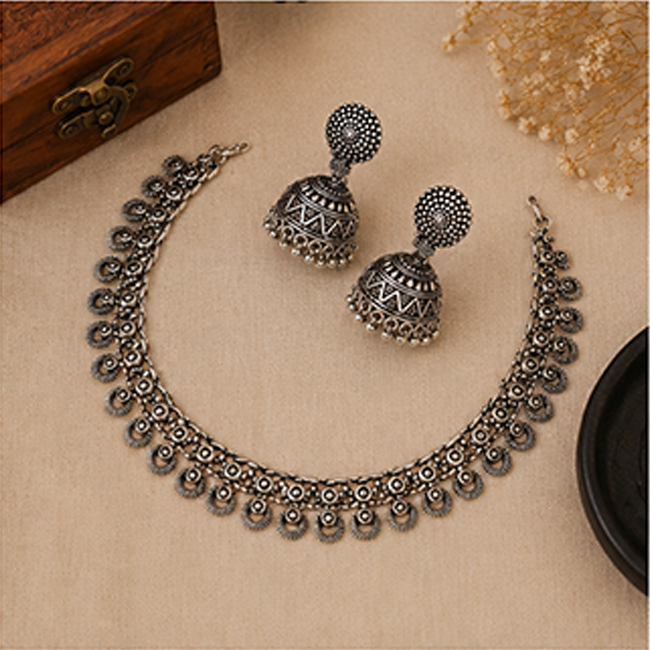 Pack of 1 Silver Oxidized Choker Necklace & Jhumka Set | Ethnic Jewelry