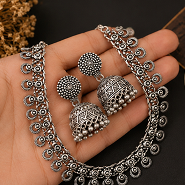Pack of 1 Silver Oxidized Choker Necklace & Jhumka Set | Ethnic Jewelry