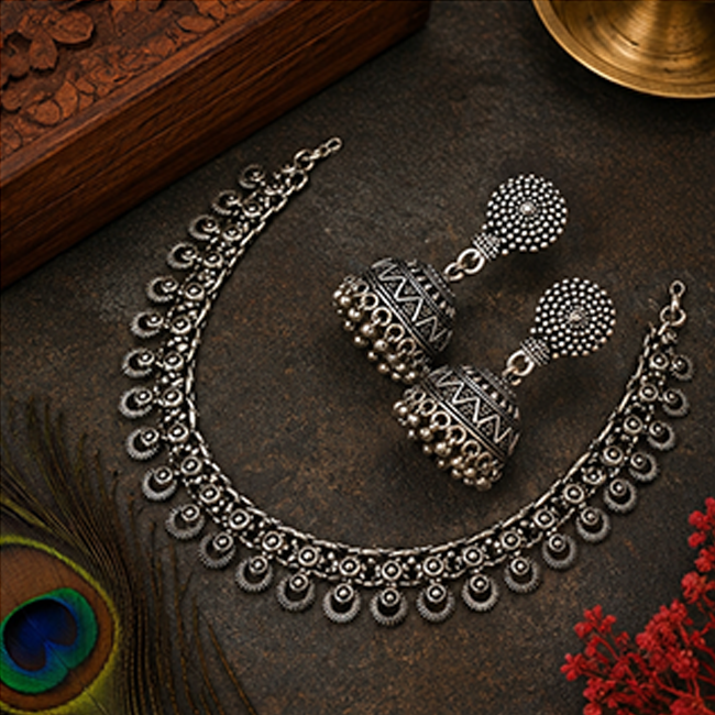 Pack of 1 Silver Oxidized Choker Necklace & Jhumka Set | Ethnic Jewelry