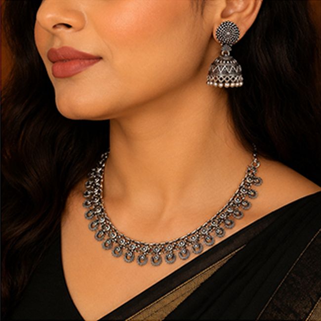 Pack of 1 Silver Oxidized Choker Necklace & Jhumka Set | Ethnic Jewelry