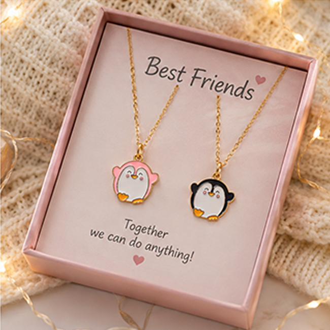 Pack of 2 Cute Penguin Enamel Pendant Chain Set | BFF & Couple Jewelry