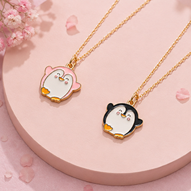 Pack of 2 Cute Penguin Enamel Pendant Chain Set | BFF & Couple Jewelry