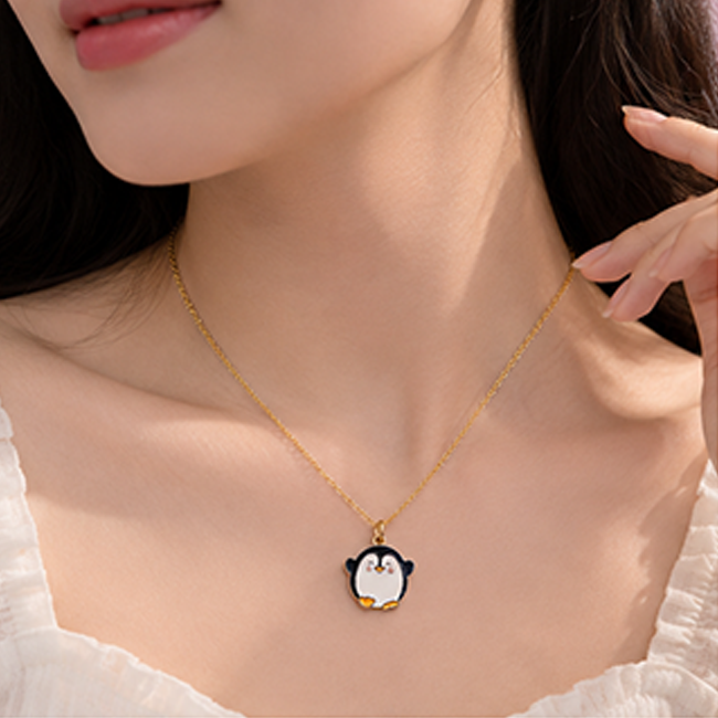 Pack of 2 Cute Penguin Enamel Pendant Chain Set | BFF & Couple Jewelry