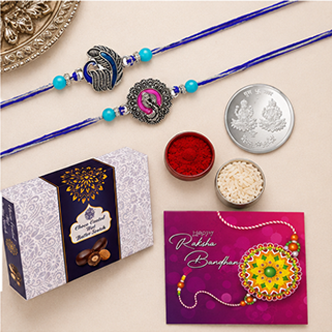 Set of 2 Silver Oxidized Peacock Rakhi Combo | Chocolate & Coin Gift Set