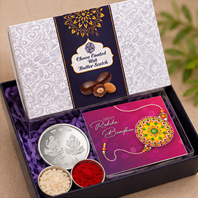 Set of 2 Silver Oxidized Peacock Rakhi Combo | Chocolate & Coin Gift Set