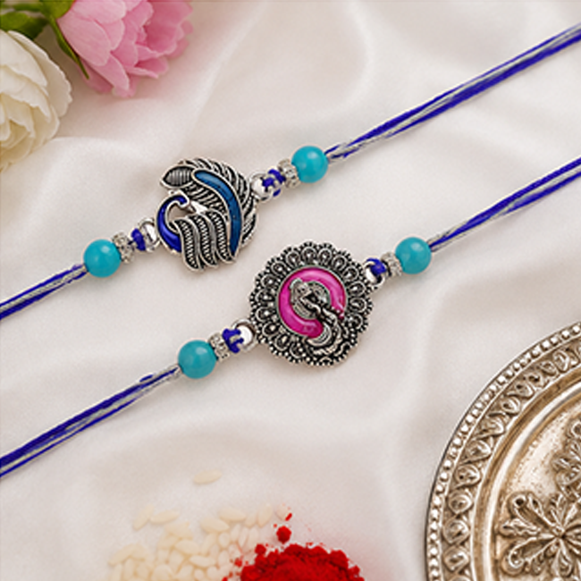 Set of 2 Silver Oxidized Peacock Rakhi Combo | Chocolate & Coin Gift Set