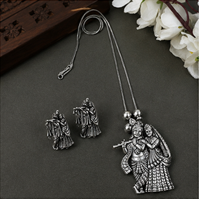 Pack of 1 Silver Oxidized Radha Krishna Pendant Chain Set | Ethnic Jewelry