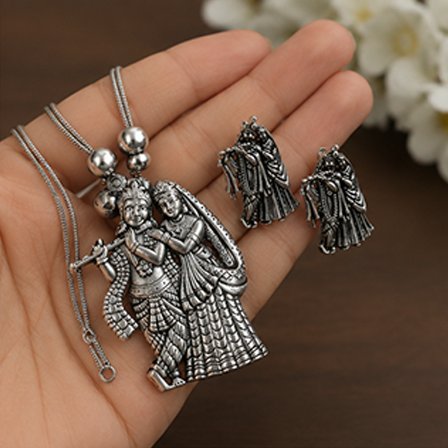 Pack of 1 Silver Oxidized Radha Krishna Pendant Chain Set | Ethnic Jewelry