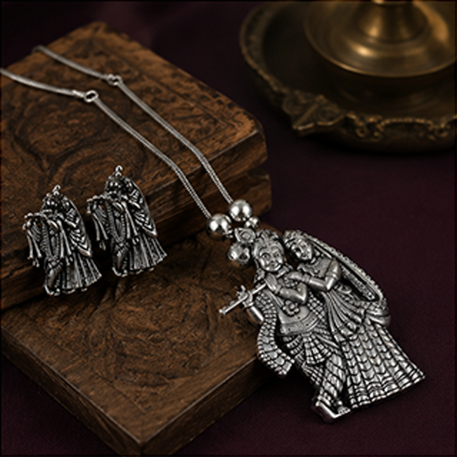 Pack of 1 Silver Oxidized Radha Krishna Pendant Chain Set | Ethnic Jewelry