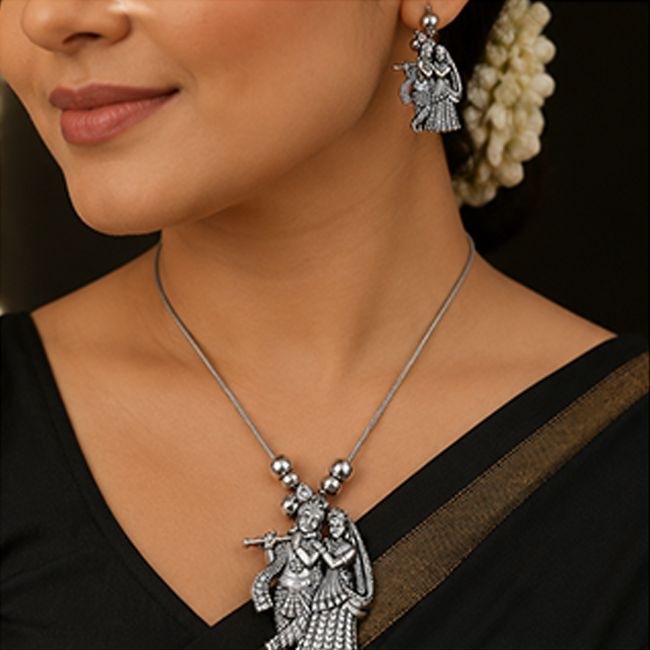 Pack of 1 Silver Oxidized Radha Krishna Pendant Chain Set | Ethnic Jewelry