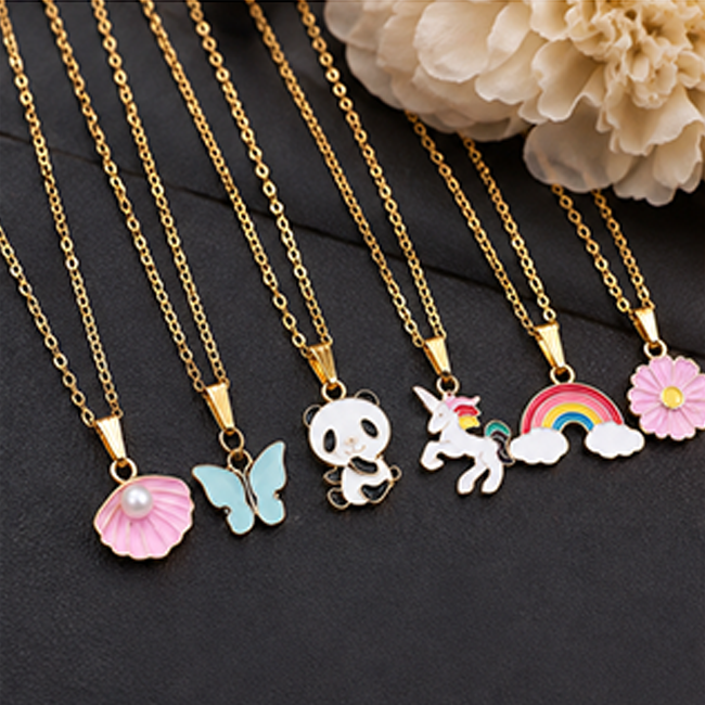 Pack of 6 Cute Enamel Charm Pendant Chain Set | Unicorn Butterfly Panda