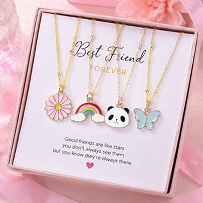 Pack of 4 Cute Enamel Charm Pendant Chain Set | Flower Panda Butterfly