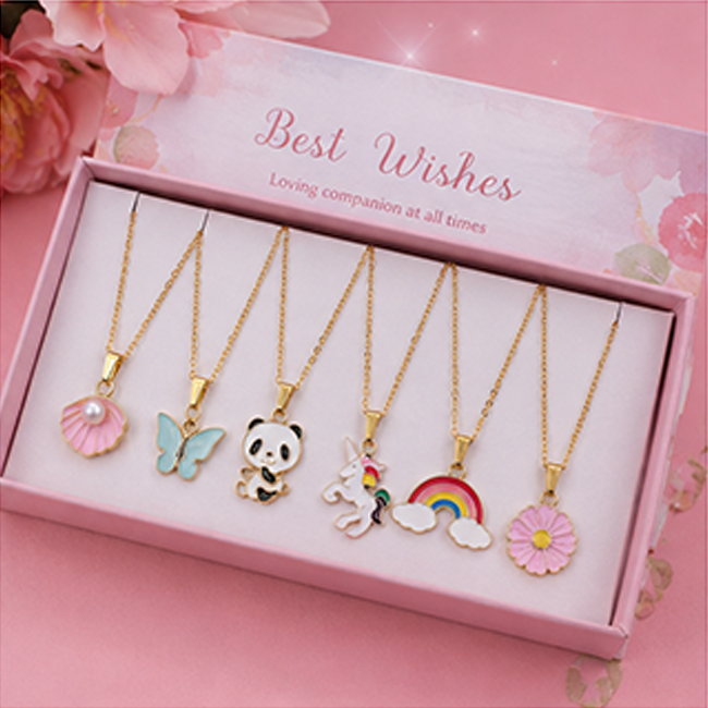 Pack of 6 Cute Enamel Charm Pendant Chain Set | Unicorn Butterfly Panda