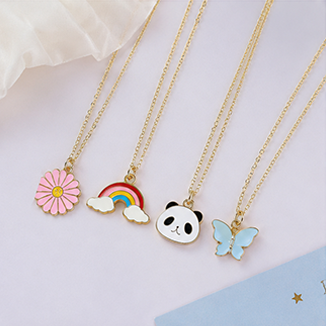 Pack of 4 Cute Enamel Charm Pendant Chain Set | Flower Panda Butterfly