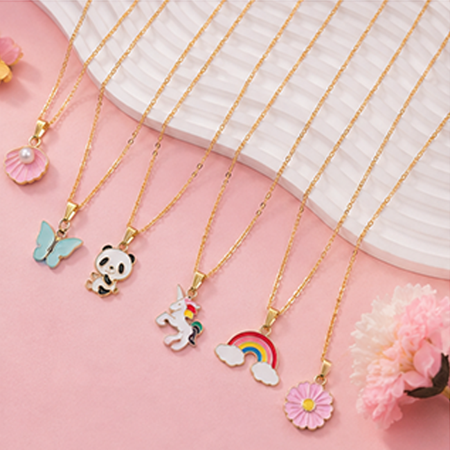 Pack of 6 Cute Enamel Charm Pendant Chain Set | Unicorn Butterfly Panda
