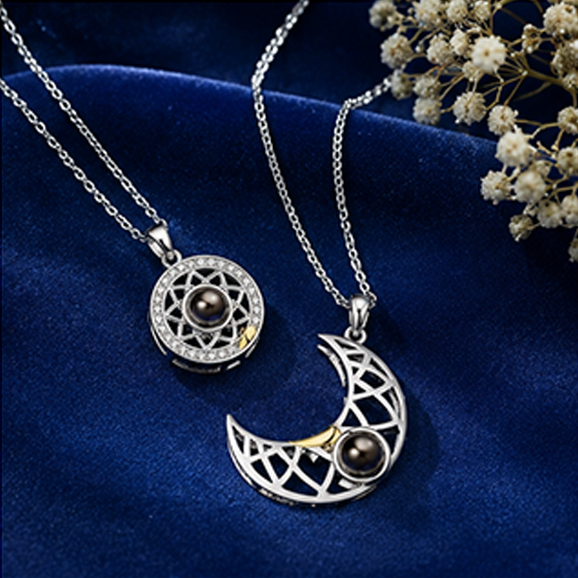 Pack of 2 Sun Moon Projection Pendant Chain Set | Couple Gift Jewelry