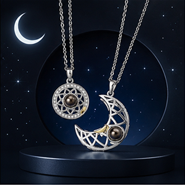 Pack of 2 Sun Moon Projection Pendant Chain Set | Couple Gift Jewelry