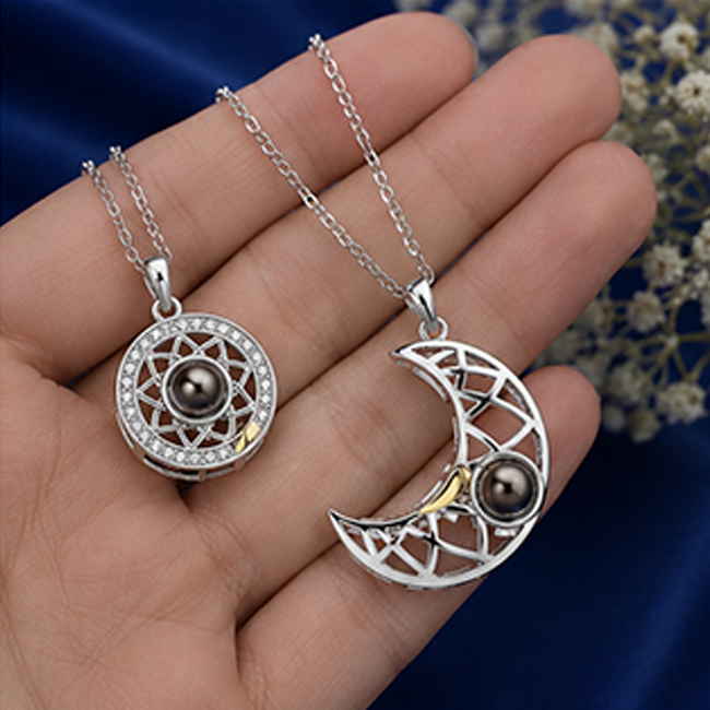 Pack of 2 Sun Moon Projection Pendant Chain Set | Couple Gift Jewelry