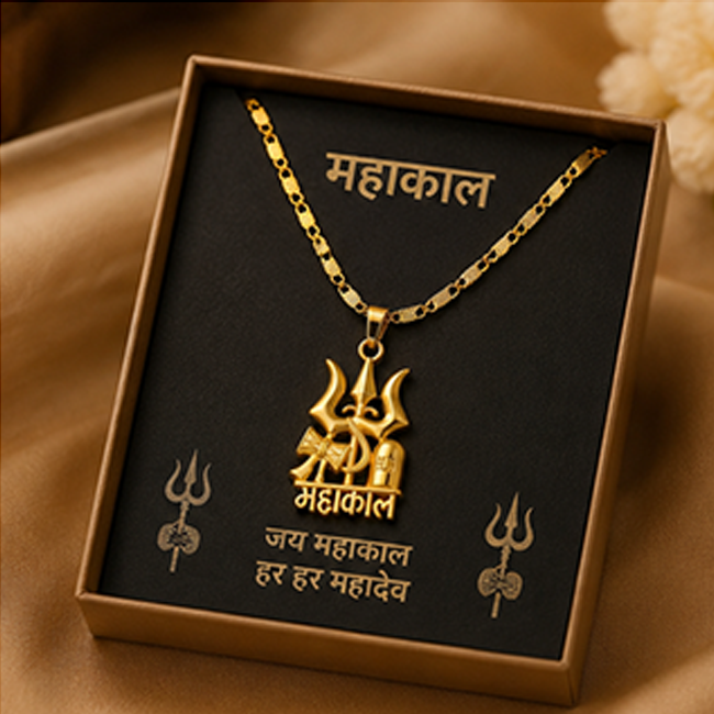 Pack of 1 Gold Plated Mahakal Trishul Pendant Chain | Men Religious Jewelry