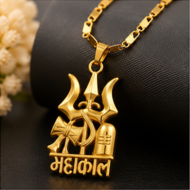 Pack of 1 Gold Plated Mahakal Trishul Pendant Chain | Men Religious Jewelry