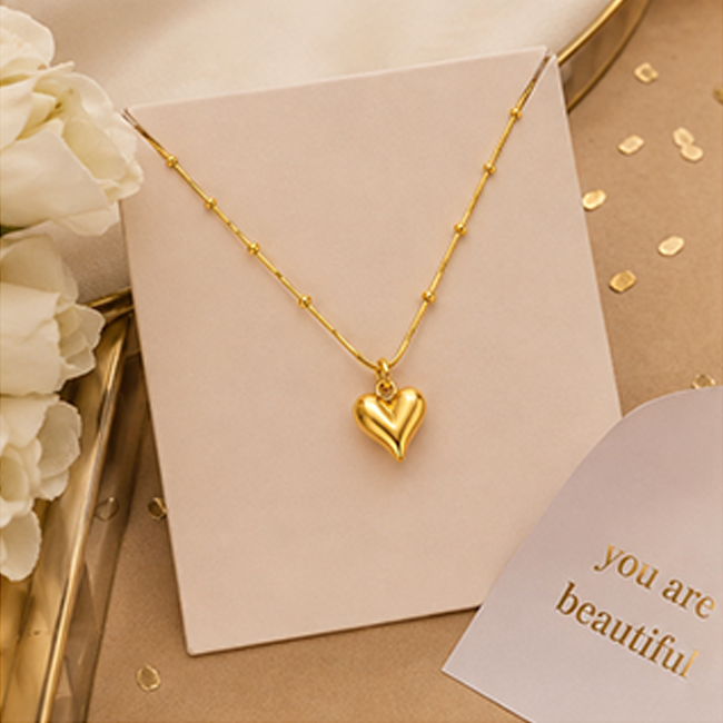 Pack of 1 Gold Plated 3D Heart Pendant Chain Set | Women & Girls Jewelry