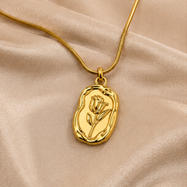 Pack of 1 Gold Plated Rose Flower Oval Coin Pendant Chain | Women Jewelry