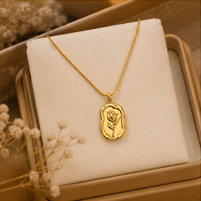 Pack of 1 Gold Plated Rose Flower Oval Coin Pendant Chain | Women Jewelry