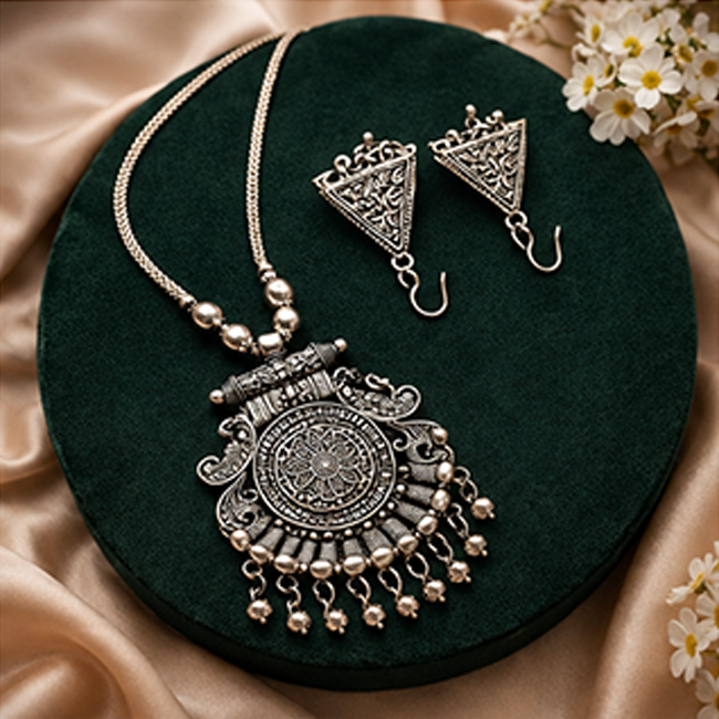 Pack of 1 Silver Oxidized Long Pendant Necklace Set | Tribal Boho Jewelry