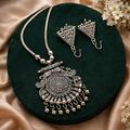 Pack of 1 Silver Oxidized Long Pendant Necklace Set | Tribal Boho Jewelry