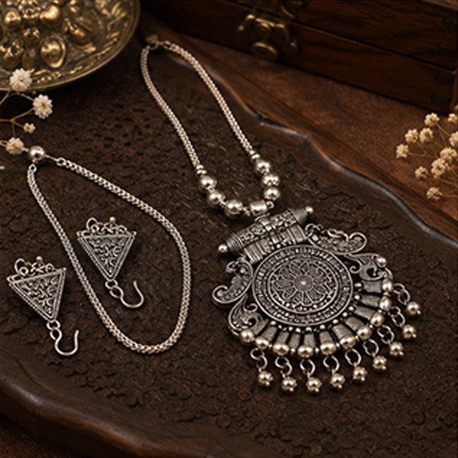 Pack of 1 Silver Oxidized Long Pendant Necklace Set | Tribal Boho Jewelry