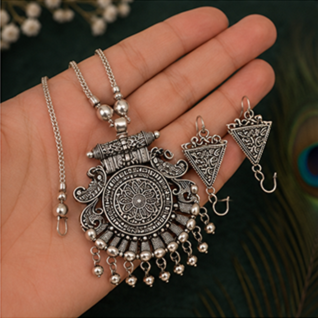 Pack of 1 Silver Oxidized Long Pendant Necklace Set | Tribal Boho Jewelry