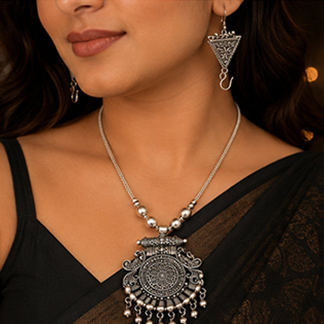 Pack of 1 Silver Oxidized Long Pendant Necklace Set | Tribal Boho Jewelry