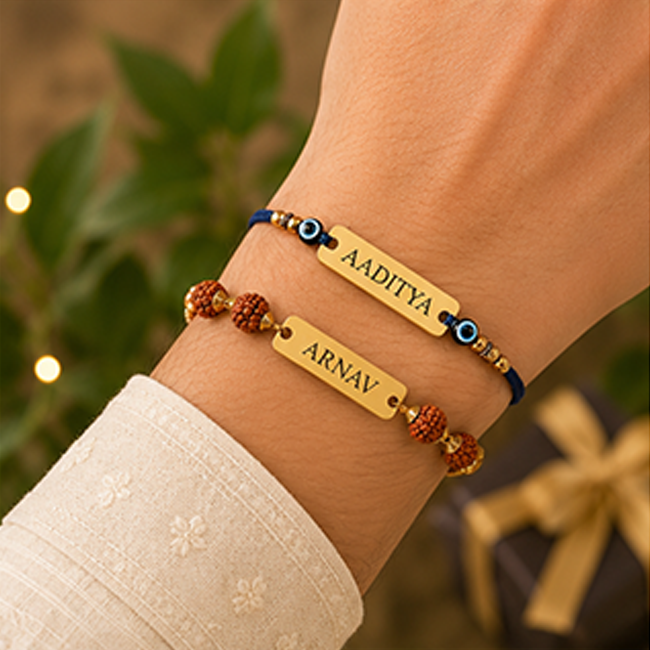 Pack of 2 Customized Name Rakhi for Brother | Evil Eye & Rudraksh Set
