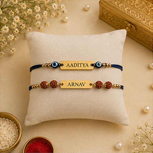 Pack of 2 Customized Name Rakhi for Brother | Evil Eye & Rudraksh Set