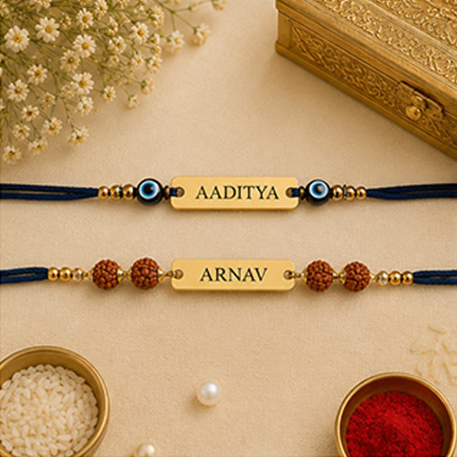 Pack of 2 Customized Name Rakhi for Brother | Evil Eye & Rudraksh Set
