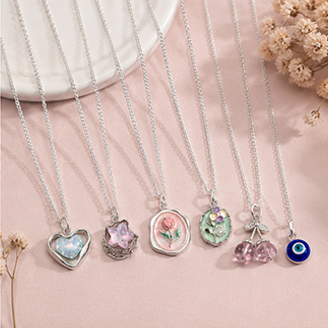 Pack of 6 Aesthetic Korean Silver Charm Pendant Chain Set | Girls Jewelry